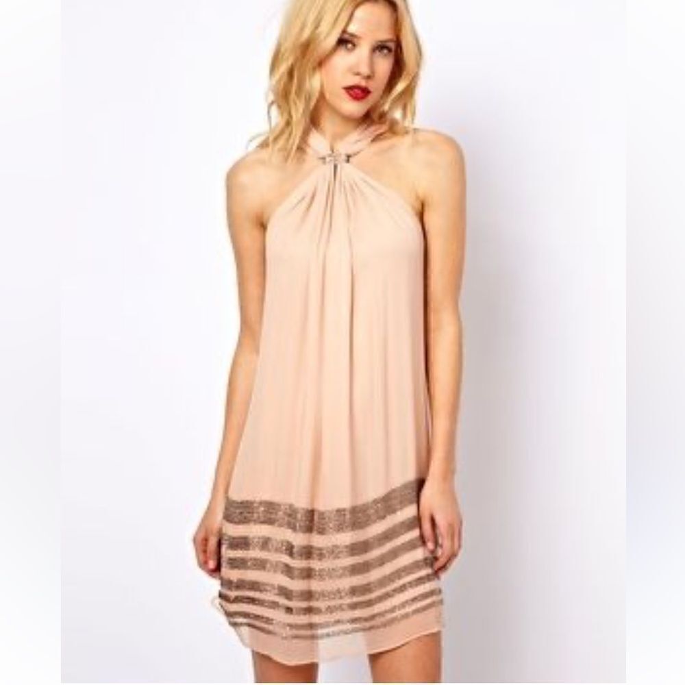 Mango Silk Beaded Halter Cocktail Dress Women’s 4